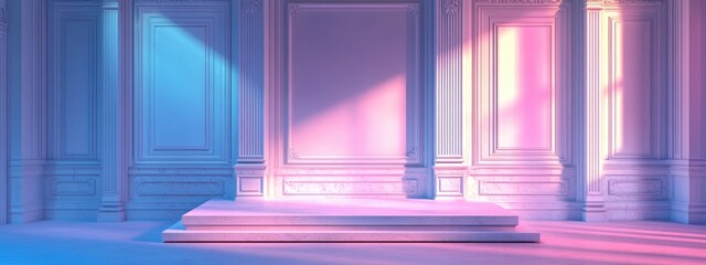 Aufkleber - Classic cornice molding with shadows on a plaster and marble wall behind a window Exhibition podium and showcase on a soft pastel background for high end products 3D render
