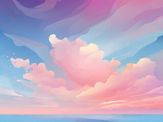 Wall Mural - A stylized flat vector illustration of a subtle minimalist background featuring a serene atmosphere of a bright blue sky infused with soft, whimsical hues of pink and purple, creating a warm