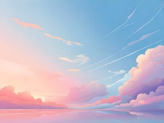 Wall Mural - A stylized flat vector illustration of a subtle minimalist background featuring a serene atmosphere of a bright blue sky infused with soft, whimsical hues of pink and purple, creating a warm