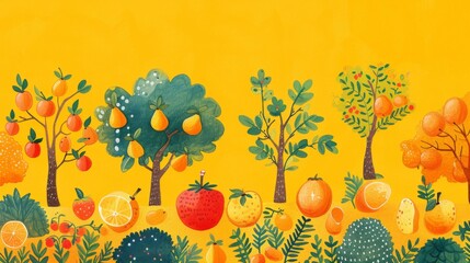 A bright and colorful illustration featuring a variety of fruit trees and bushes on a vivid yellow background. The whimsical design showcases apples, pears, oranges, and more, creating a cheerful and