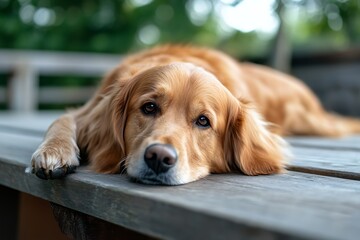 Golden retriever dog resting head looking sad