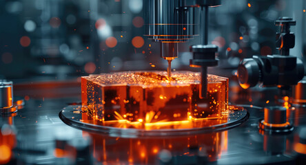 Leinwandbilder - Digital 3D casting machine making metal in action, modern, futuristic, abstract, dark environment. Generative AI.