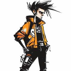 a cool, stylish cartoon character with spiky hair, wearing a black t-shirt, a skull design on his ch