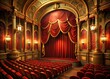 © sanom - Red rope velvet curtains drawing back to reveal a ornate movie theatre interior with intricate moldings and warm golden lighting at night.