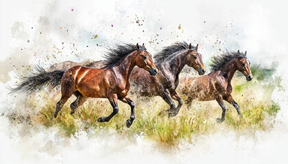 A dynamic watercolor illustration of three horses galloping through a grassy landscape, showcasing their beauty and motion.