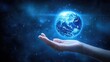 © Inkreatif - Protecting Our Planet: A Hand Holding Earth in a Glowing Blue Sky