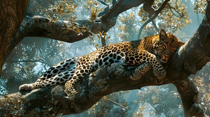 Sticker - Leopard Sleeping in a Tree in the Jungle