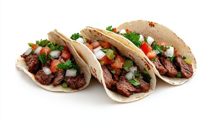 Succulent Savory Beef Barbacoa Tacos, Mexican Cuisine Delight on White Background