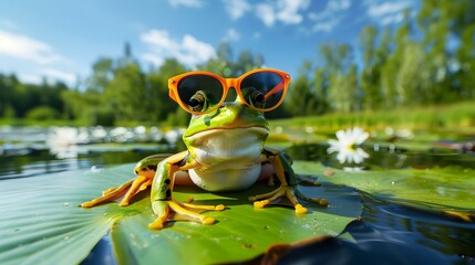 Wall Mural - Cool Frog Wearing Sunglasses on a Lily Pad