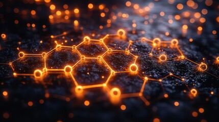 Network of Connections: A mesmerizing digital illustration of a glowing hexagonal network, symbolizing the interconnectedness of data, technology, and innovation.