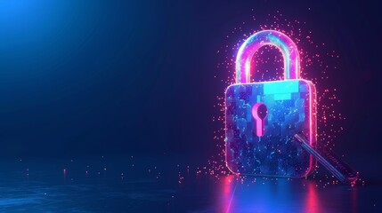 A digital padlock emits neon pink and blue lights, surrounded by sparkling particles. This image embodies advanced security technology and futuristic design, ideal for digital and cyber themes.