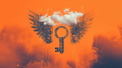 A digital key with wings surrounded by binary code and clouds on an orange background. Represents data security and access in the digital realm. Ideal for tech and cybersecurity visuals.