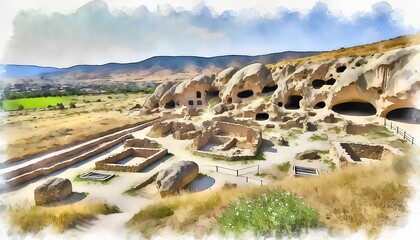 Watercolor painting of Uplistsikhe, Georgia, featuring ancient rock-hewn dwellings, rugged terrain, and hills.