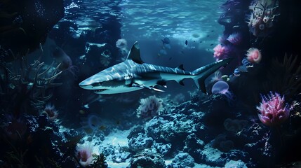 Wall Mural - Shark Swimming Through Coral Reef Underwater Wildlife