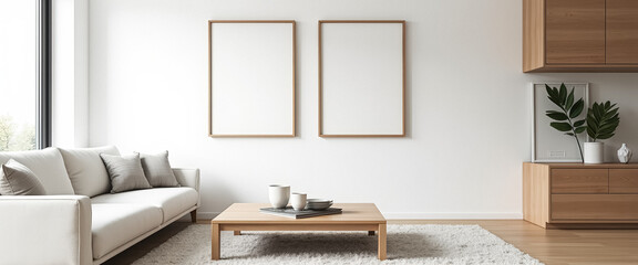 Minimalist Living Room with Wooden Accents and Two Empty Frames