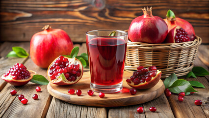 Wall Mural - Pomegranate juice and fruit on a wooden table - advertising image