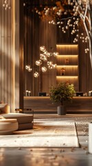 A modern hotel lobby with warm, elegant décor: white wood, ball-shaped lights, wood panelling, clean floor with yellow leaves, reception desk, beige sofa and gold accents