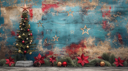 A decorated Christmas tree and red poinsettia flowers against a grungy blue and red wall, combining rustic urban textures with festive holiday decorations, creating a modern holiday design