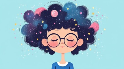 Sticker - A charming cartoon girl with vibrant blue and pink hair, radiating a cosmic glow in a modern flat style.