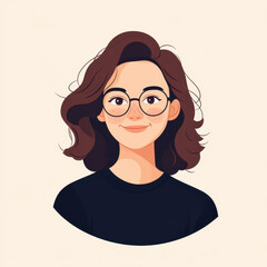 Poster - A cheerful woman with glasses wears a stylish black shirt, captured in a flat color cartoon portrait with detail.