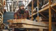 © COK House - A bearded man inspects lumber in a well-stocked store. He holds a saw, surrounded by organized shelves with various types of wood.