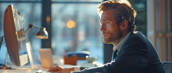 Canvas Print - Focused man with red hair in a suit at a desk with a computer, coffee cup, and office supplies. Warm golden light from the city skyline.