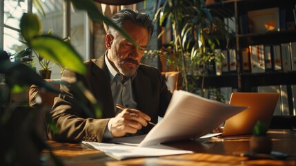 Wall Mural - A white man in a suit works at a desk indoors with a laptop and plants. He is focused, with sunlight illuminating his workspace.