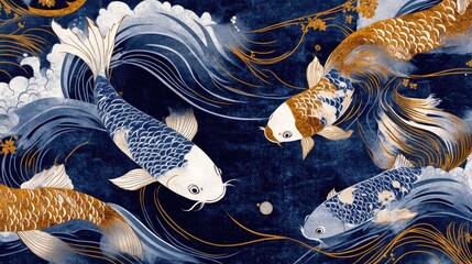 A high-resolution digital rendering of a Japanese fabric pattern showcasing koi fish and waves in rich blue and gold tones, suitable for luxurious textiles or wallpaper.