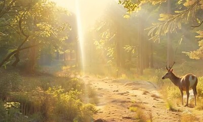 Sticker - Sun-dappled forest path with a lone deer grazing in the distance, Video