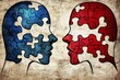 © Leo - Cognitive connectivity Cognitive psychology Puzzle heads in red and blue symbolizing cognitive conflict intellectual diversity and problem solving in a bold comic style composition