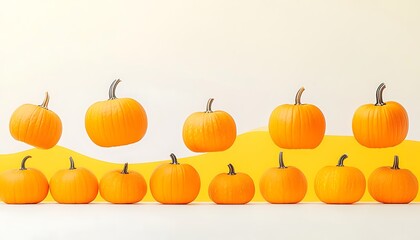 Pumpkins dancing against a cheerful white and yellow background.