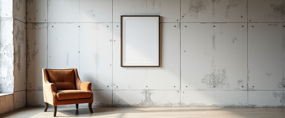 Poster - Minimalist Living Room with Concrete Wall and Empty Frame