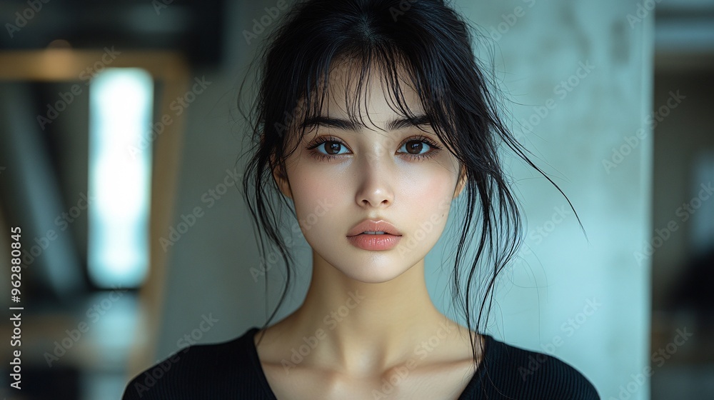 Beautiful Japanese woman, black hair with bangs and twintails in ...