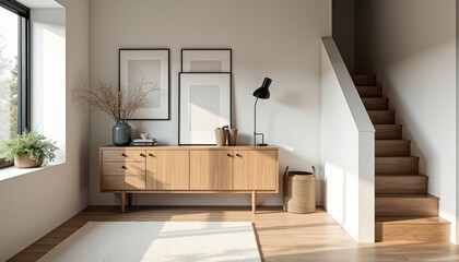 Wall Mural - Minimalist Living Room with Wooden Cabinet and Stairs