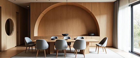 Canvas Print - Modern Dining Room with Wooden Wall and Arched Niche