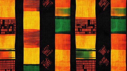 Wall Mural - A high-resolution digital rendering of a traditional Ghanaian kente fabric pattern featuring bold, colorful geometric designs in orange, yellow, and green, ideal for cultural textiles.