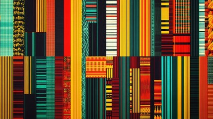 Wall Mural - A high-resolution digital rendering of a traditional Ghanaian kente fabric pattern with bold, vibrant colors and complex geometric designs, perfect for striking textile or wallpaper use.