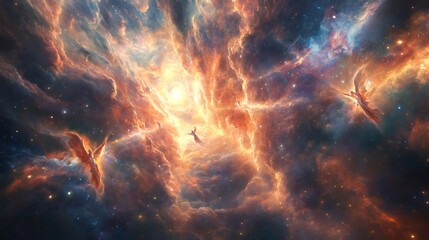 angelic figures soar through a glowing nebula filled with stars.
