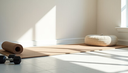 Sticker - Yoga Mat and Meditation Cushion in a Minimalist Room