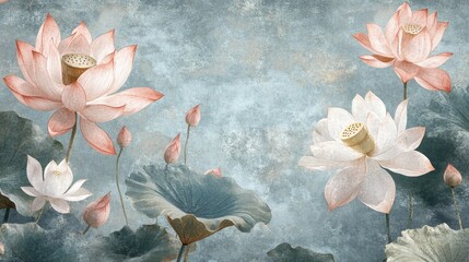 A high-resolution digital rendering of a Vietnamese fabric pattern featuring delicate lotus flowers and intricate brocade designs in soft pastels, ideal for elegant textile applications.