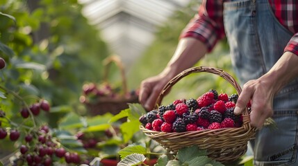 Wall Mural - Freshly Harvested Berries in a Basket Summer Garden Harvest