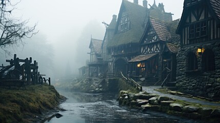 Wall Mural - Dark creepy old village in fog  