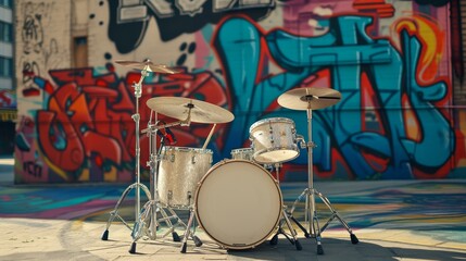 A white drum set stands out against a colorful graffiti-covered wall in an urban environment. The bright backdrop and the clean lines of the drums create a contrasting and visually appealing image