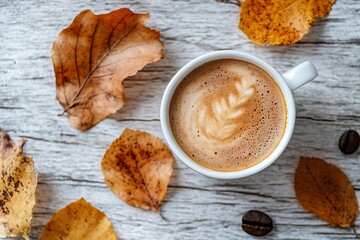 Steaming cup of coffee surrounded by autumn leaves on white wood