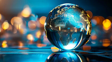 Wall Mural - A globe with a blue and yellow background. The globe is the main focus of the image.