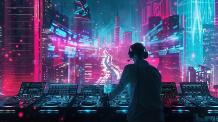 A DJ stands at his console, mixing tracks against a backdrop of a neon-lit futuristic city. The bright city lights and modern equipment create a dynamic, high-energy atmosphere, ideal for showcasing