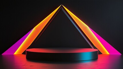 A modern 3D papercraft podium with bold, angular shapes, set against a deep black background with vibrant neon edges