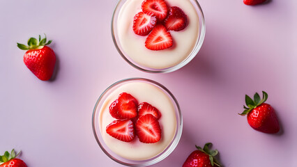 Wall Mural -  Top view of Panna Cotta dessert with strawberries on light background. Generative AI