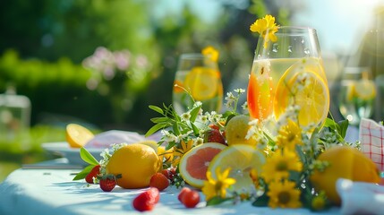 Refreshing Summer Lemonade with Lemon Slices and Flowers