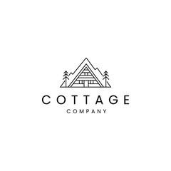 Wall Mural - logo of cottage in winter with mountains background in line art design style